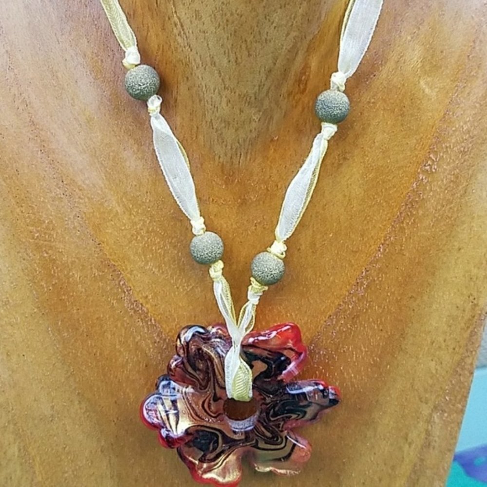 Red Gold Black Glass Pendant Statement Necklace